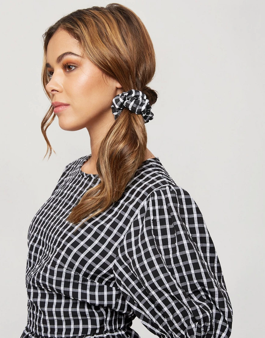 Miss Selfridge puff sleeve high neck blouse in black check