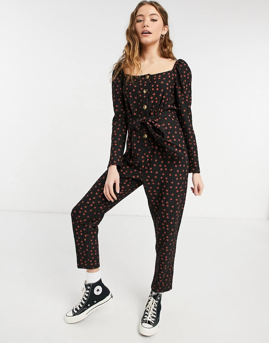 ASOS DESIGN button front square neck peg leg jumpsuit in red spot-Multi