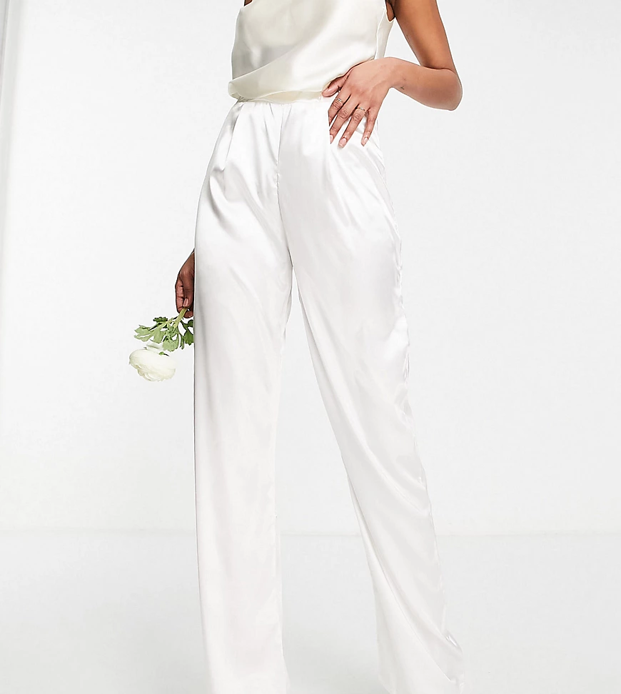 TFNC Tall Bridal satin trousers in ivory-White