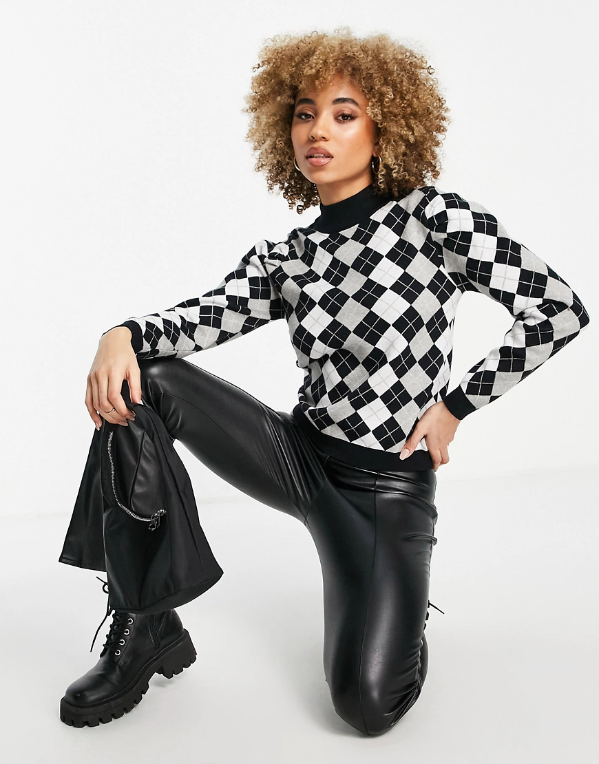 QED London high neck jumper in diamond check-Black