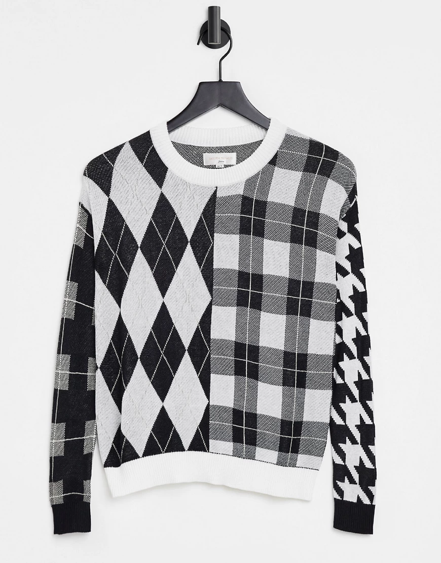 Gianni Feraud contrast check printed crew neck in black and cream