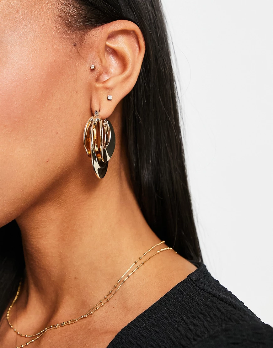 ASOS DESIGN hoop earrings in triple row hammered design in gold tone