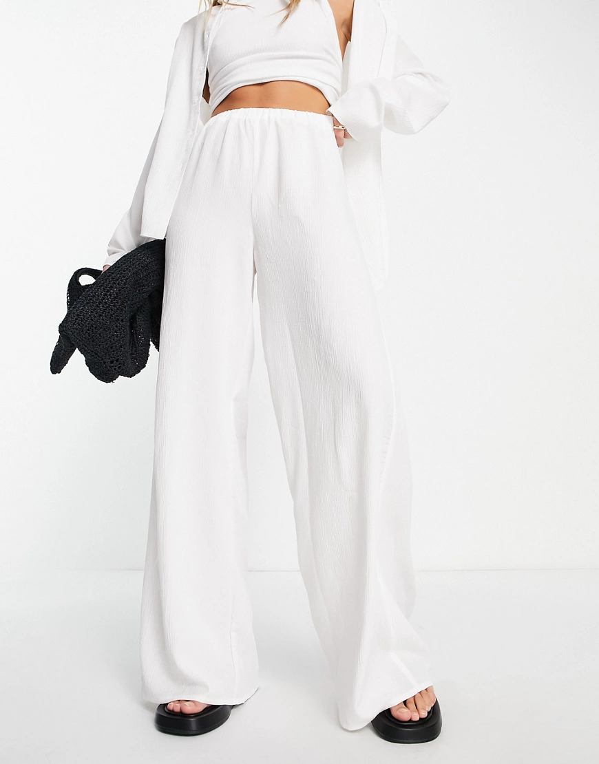 Topshop co-ord premium brushed crinkle wide leg trouser in ecru-White