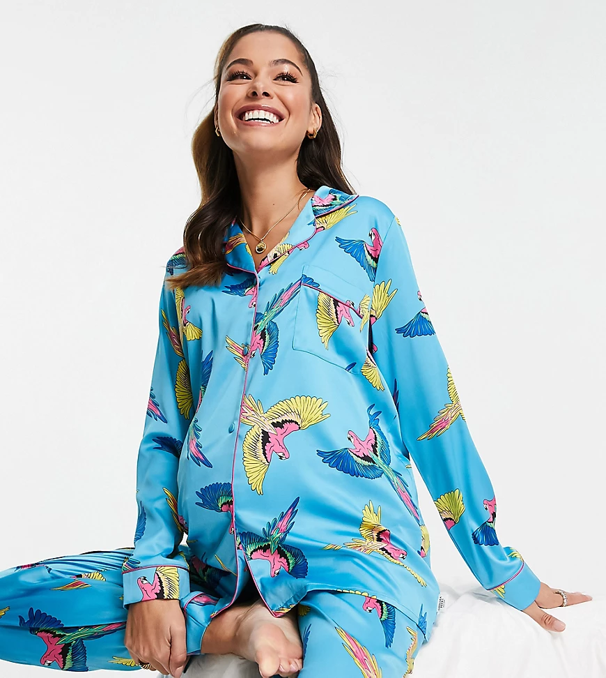 Chelsea Peers Maternity premium satin revere top and trouser pyjama set in blue parrot print