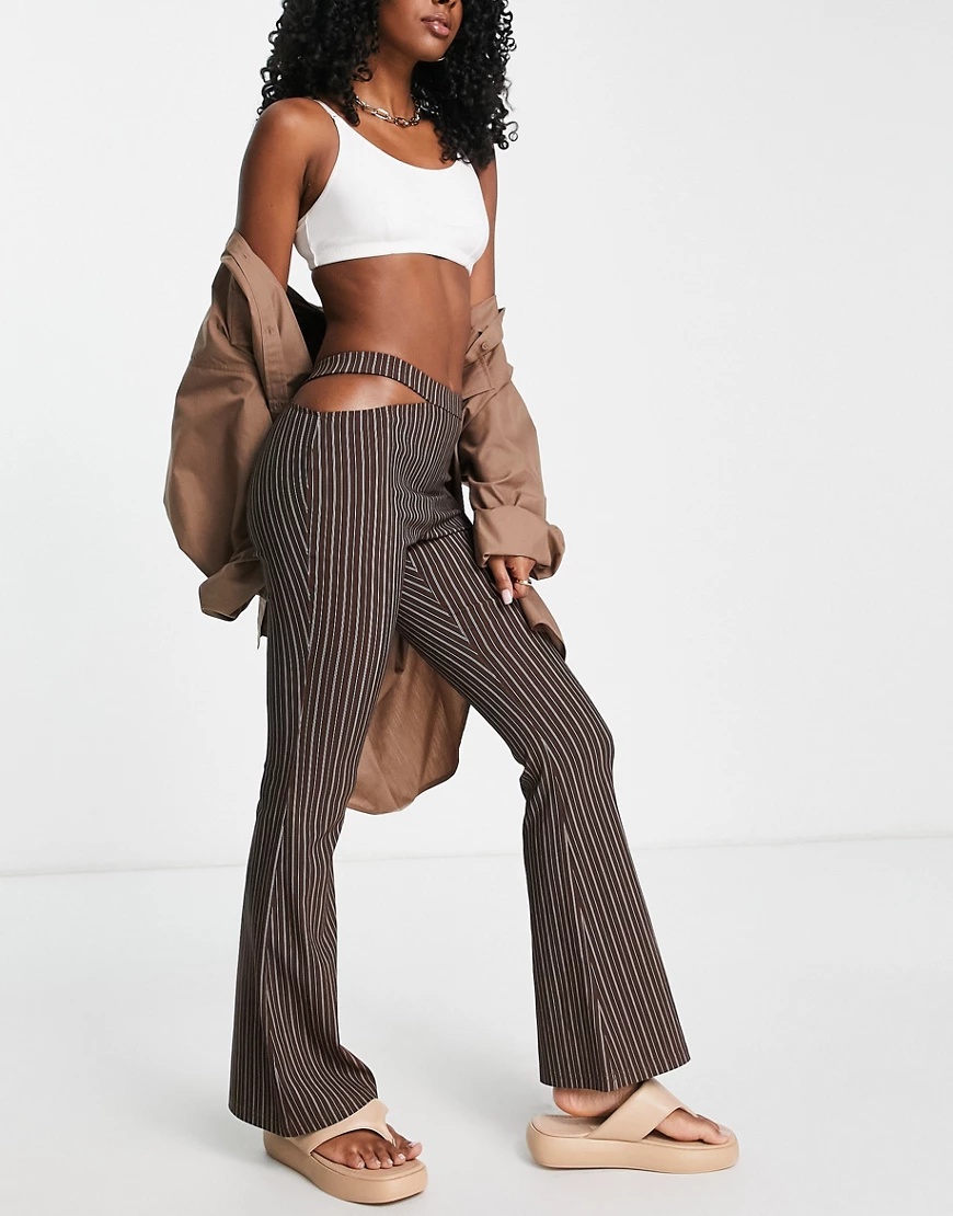 Topshop one side cut out bengaline flared trouser in brown pinstripe