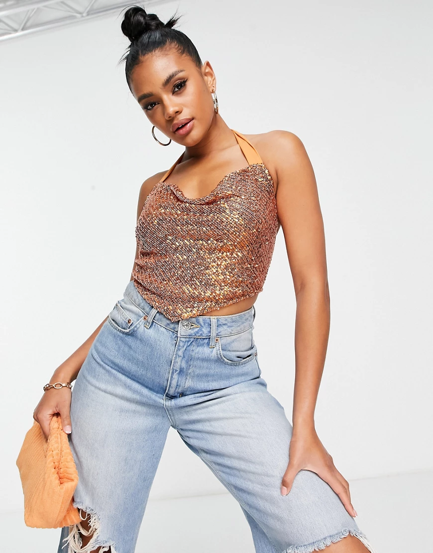 ASOS DESIGN sequin cowl neck scarf hem cami in bronze-Copper