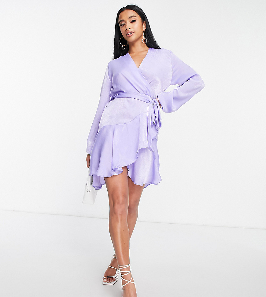 First Distraction the label Petite satin mini wrap dress in lilac-Purple