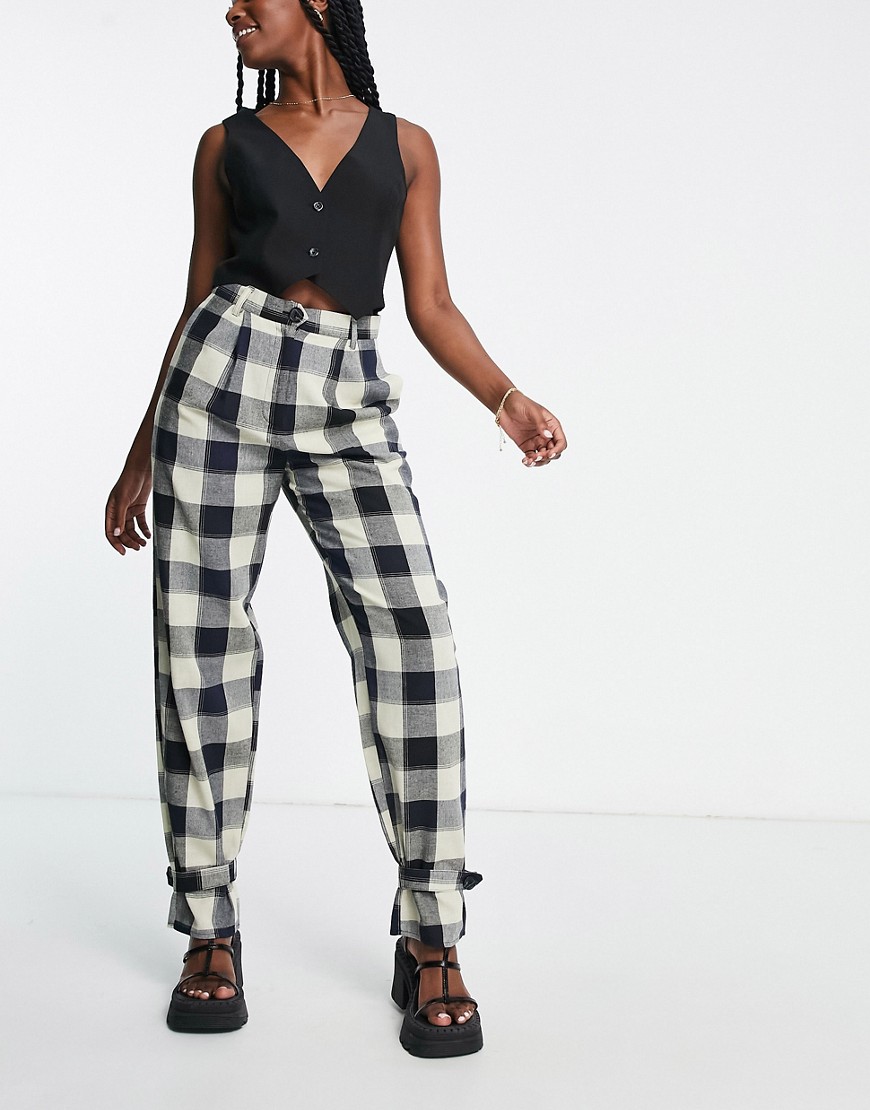 Lola May tie cuff tailored trousers in check-Black