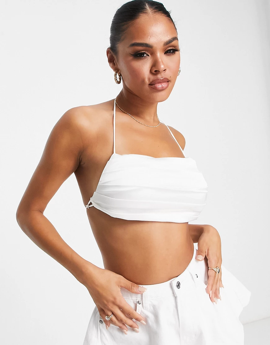 Parallel Lines ruched satin crop top in cream-White