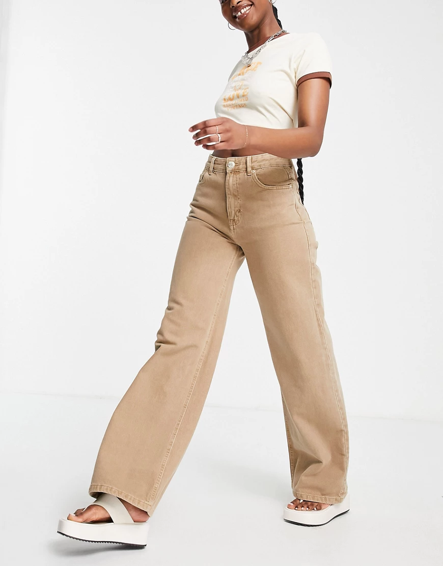 Pull & Bear high waisted wide leg trousers in beige-Brown