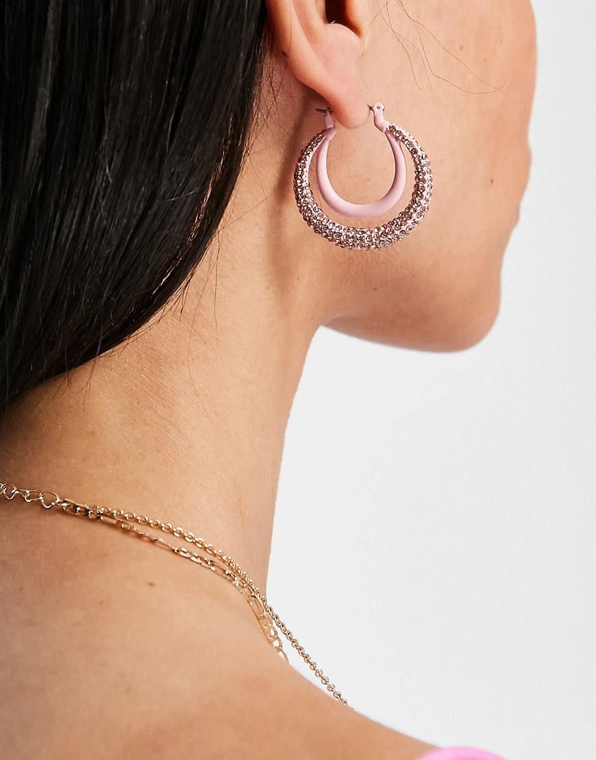 ASOS DESIGN hoop earrings with double hoop design in pink crystal