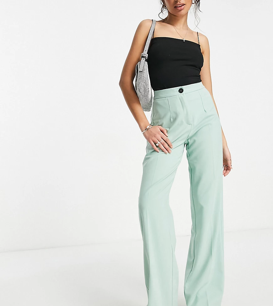 Bershka Petite wide leg slouchy dad tailored trousers in sage-Green