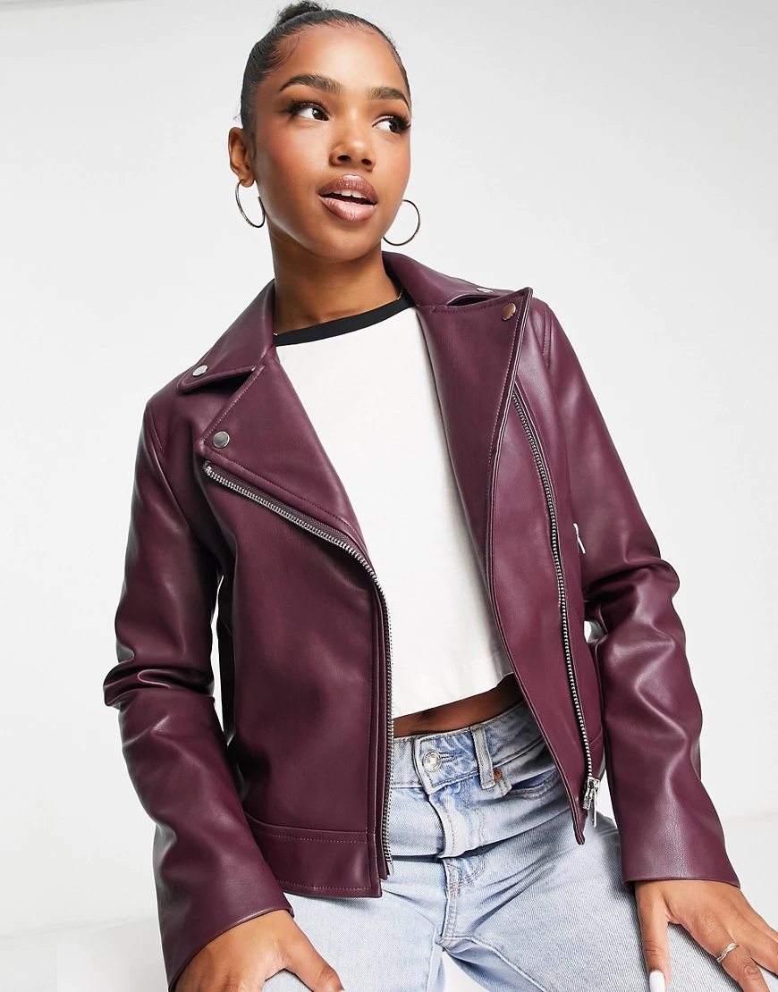 ASOS DESIGN ultimate faux leather biker jacket in burgundy-Red