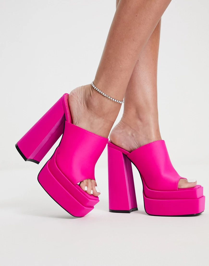 Public Desire Sky High double platform mules in pink satin