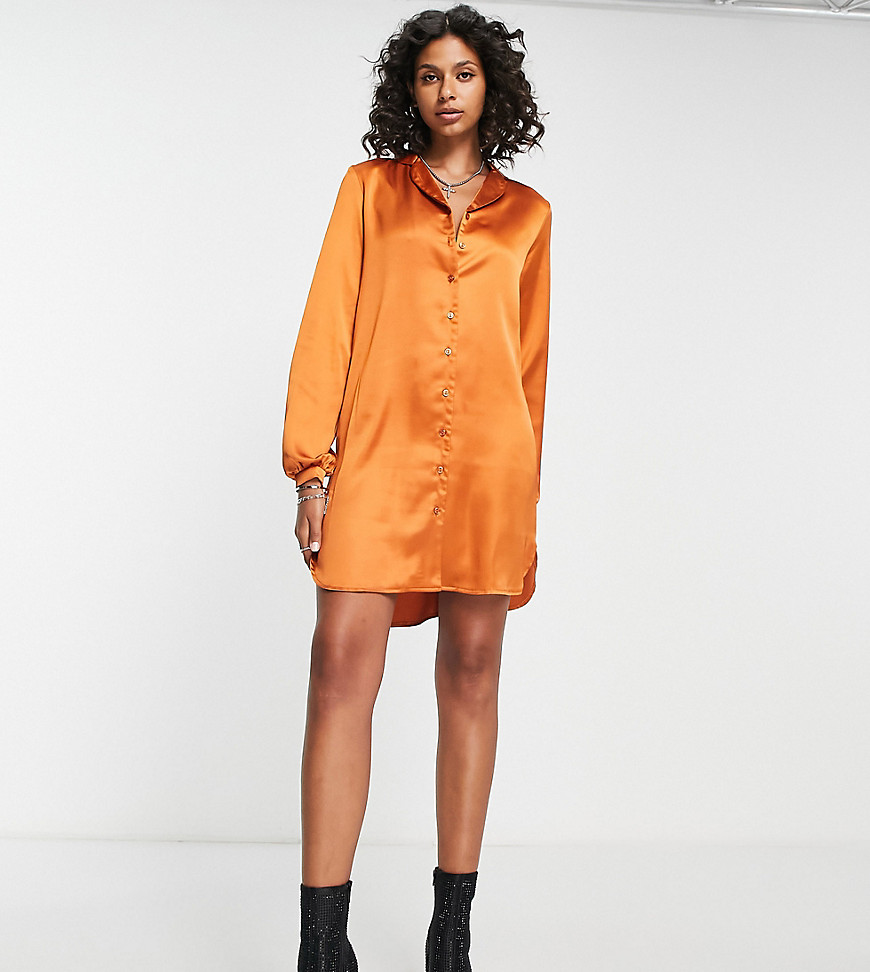 Flounce London Tall mini satin shirt dress in burnt orange