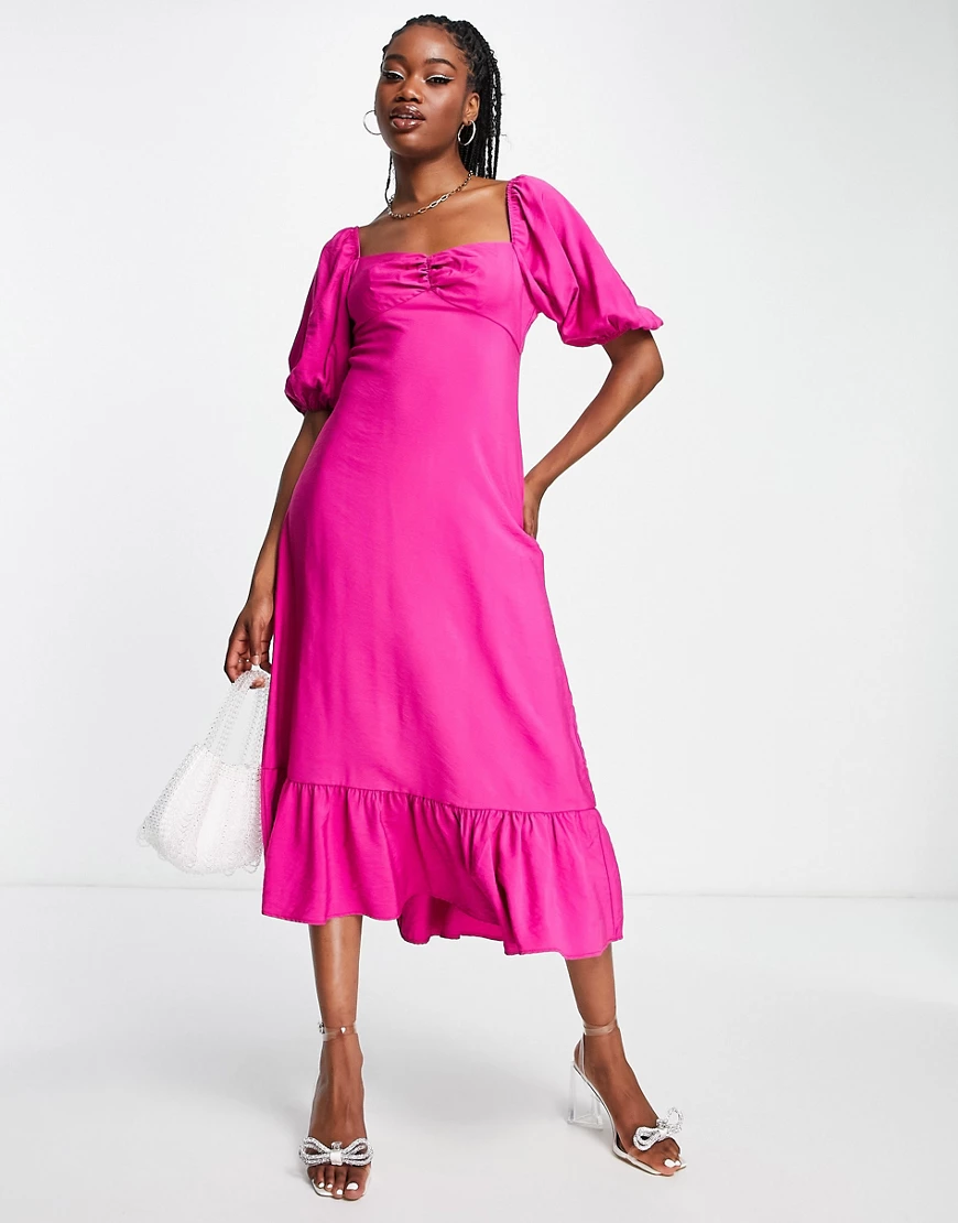 Nobody's Child Darcie puff sleeve midi dress in fuchsia-Purple