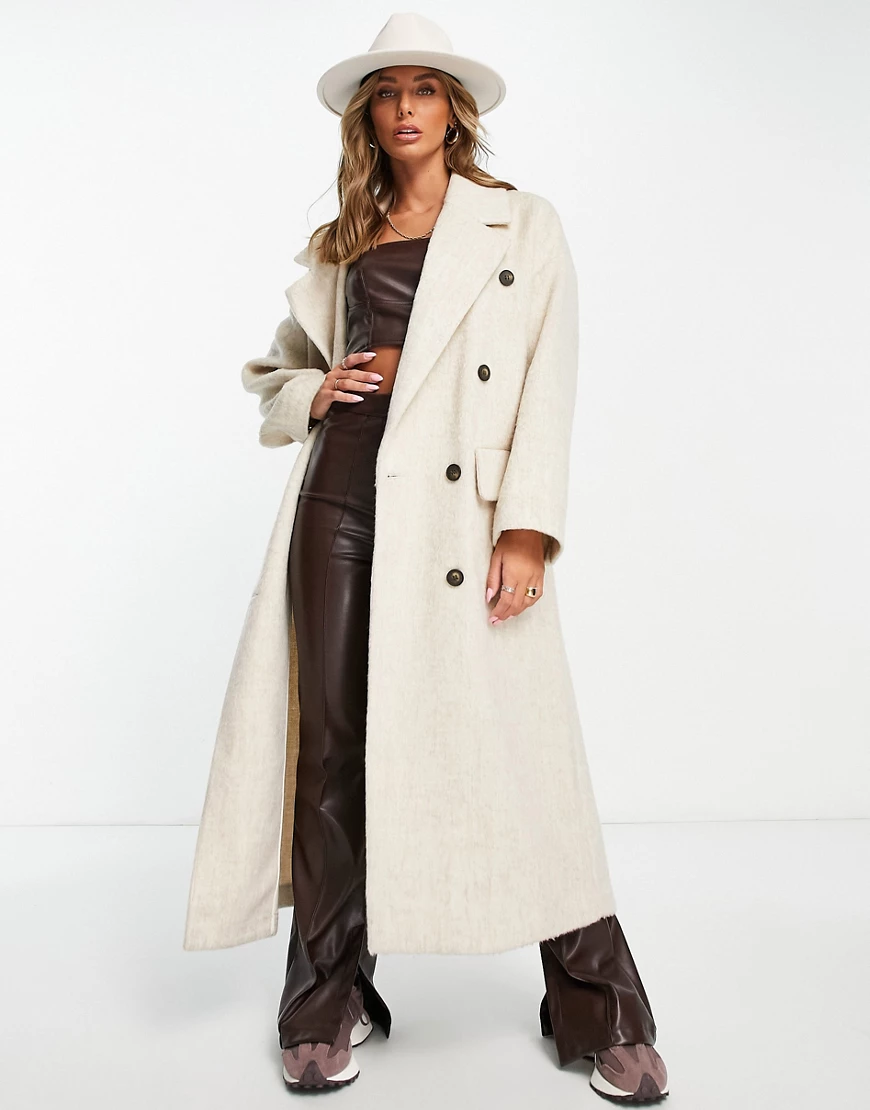 Topshop oversized double breasted long coat in beige-Neutral