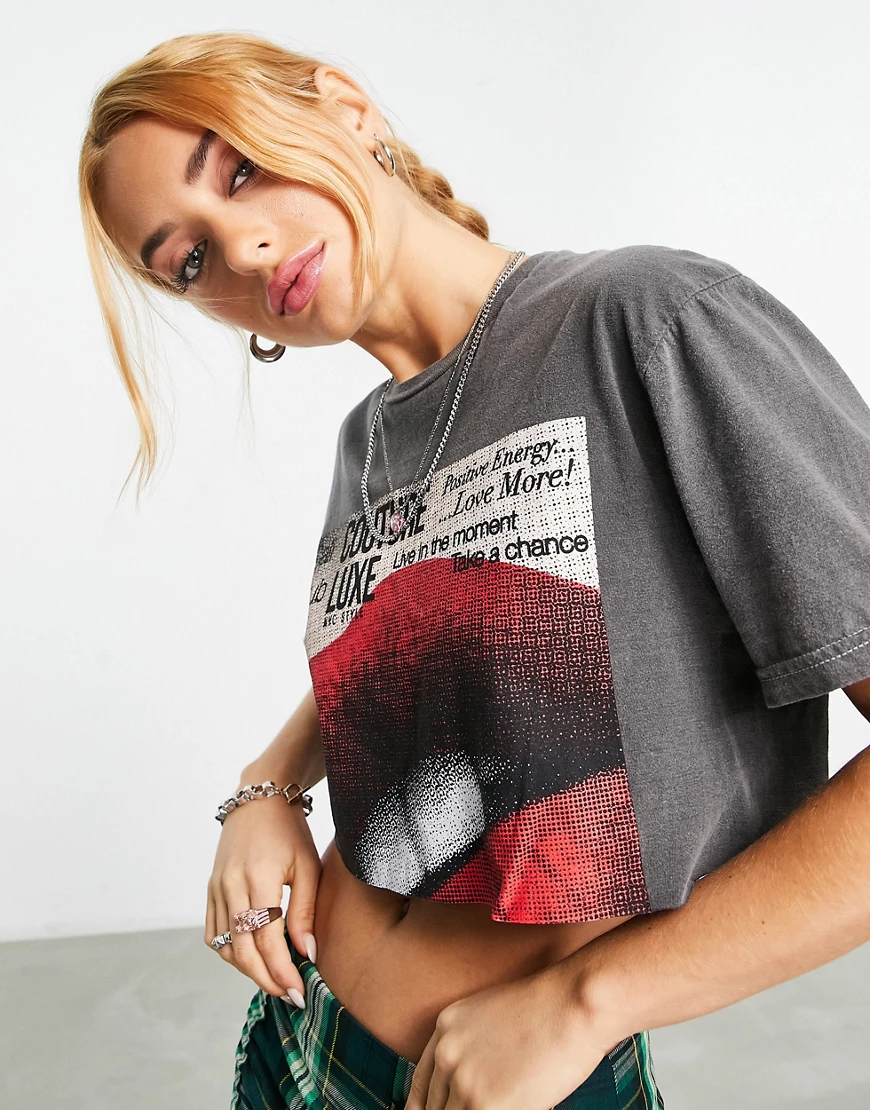 ASOS DESIGN graphic boxy crop tee with cut off lips in washed charcoal-Grey