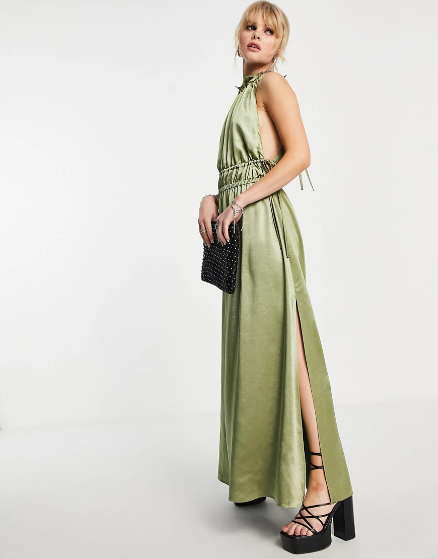 Topshop premium satin halter tie waist midi dress in khaki-Green