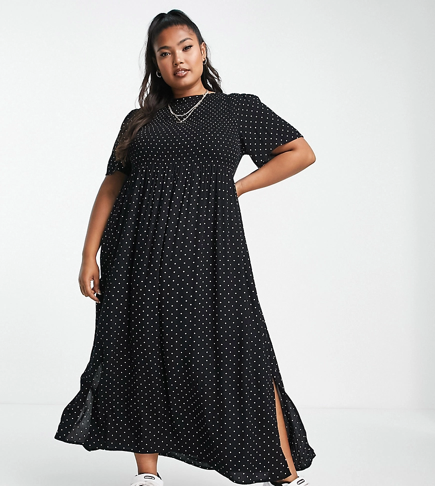 Yours shirred midi dress with side split in black polka dot