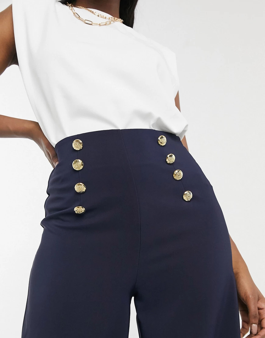 Flounce London wide leg button detail tailored trousers in navy