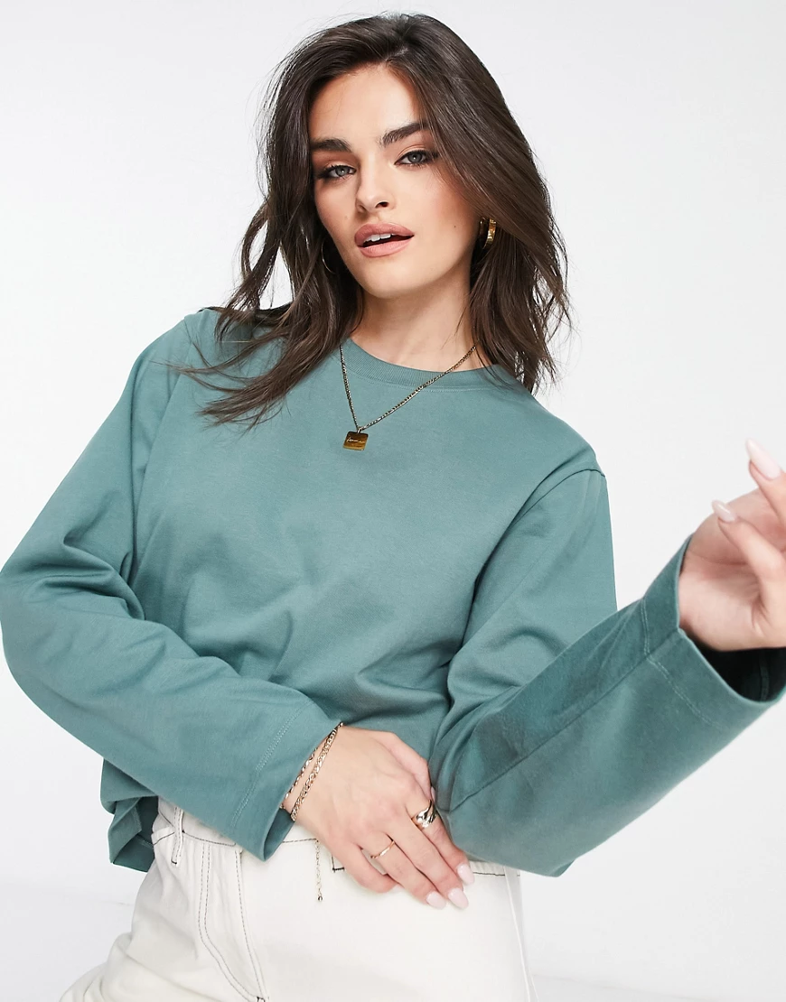 Topshop premium crew neck long sleeve tee in green