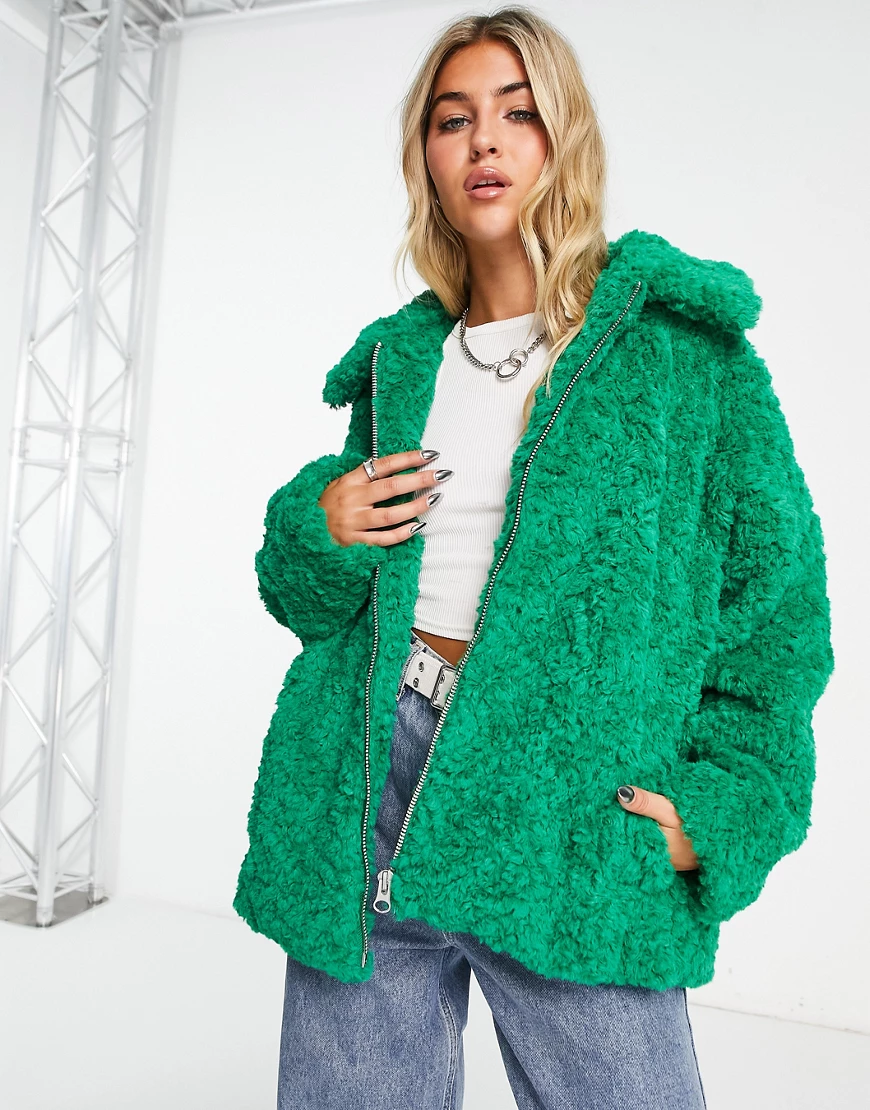 Monki curly faux fur boxy jacket in green