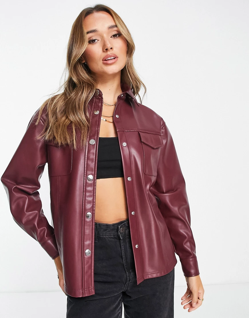 ASOS DESIGN faux leather belted shirt in berry-Red