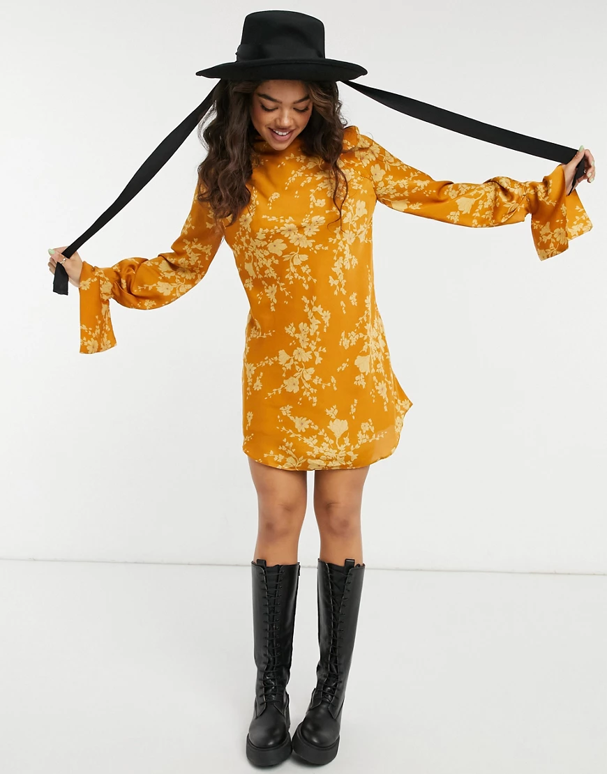 Free People Aries floral flared mini dress in orange multi-Yellow