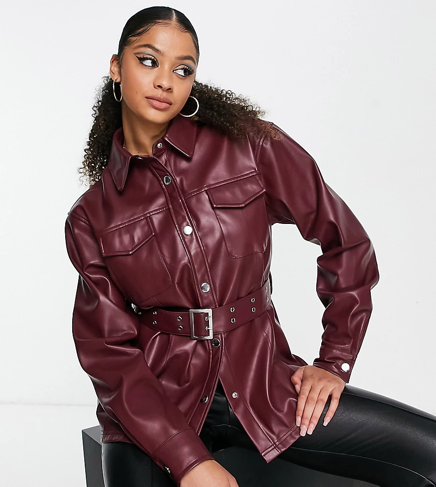 ASOS DESIGN Tall faux leather belted shirt in berry-Red