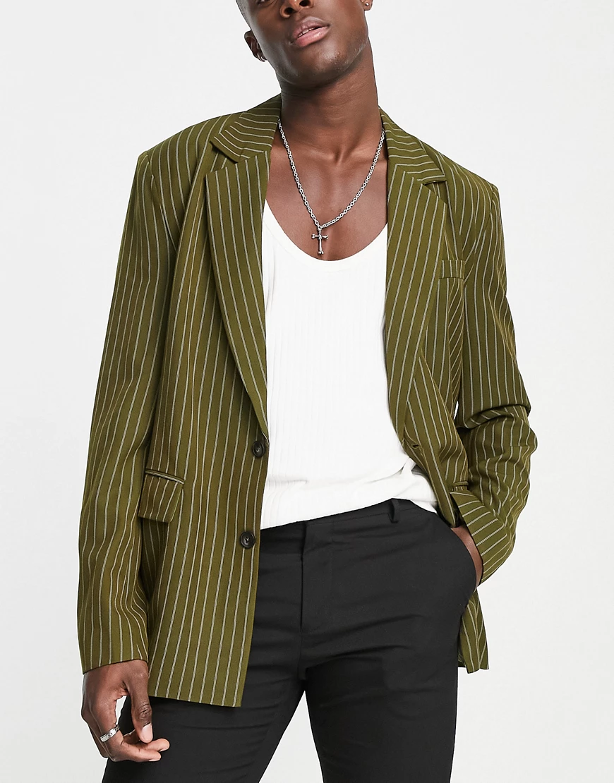 Reclaimed Vintage inspired pinstripe blazer in olive-Green