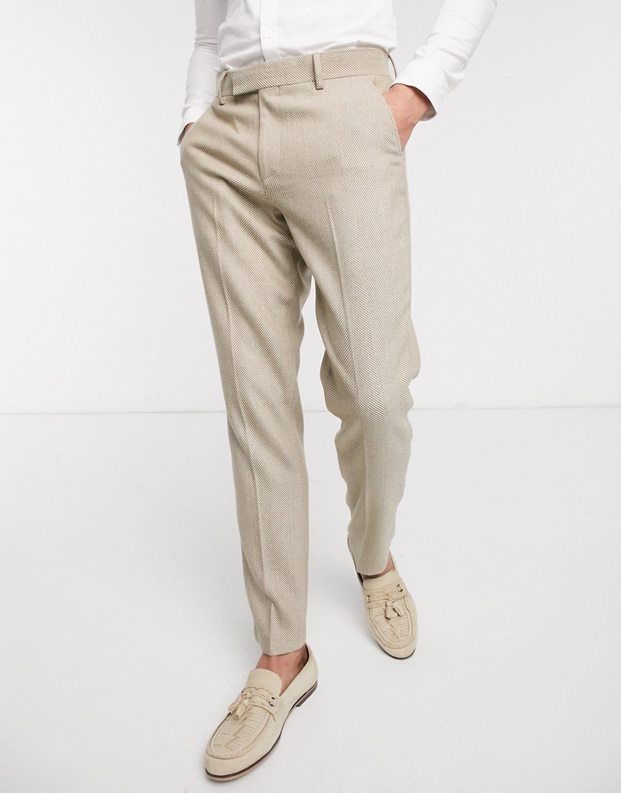 ASOS DESIGN wedding slim suit trousers in wool mix herringbone in camel-Neutral