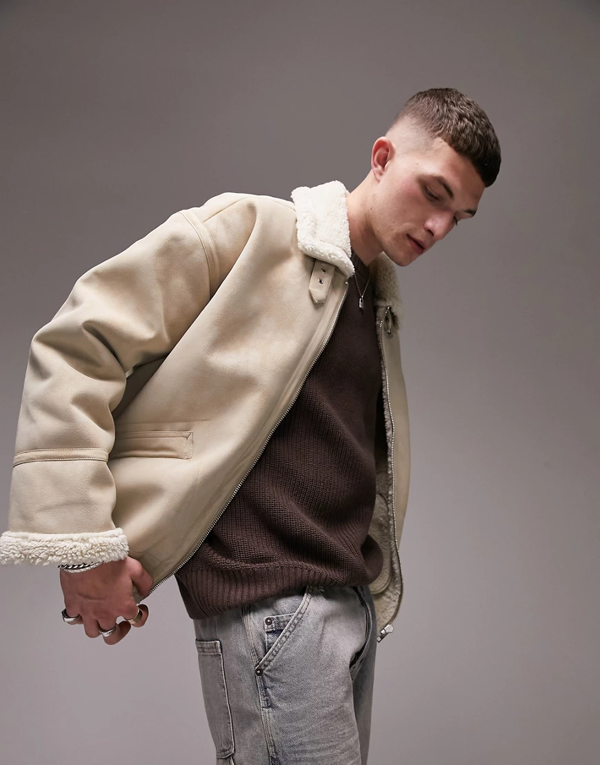 Topman faux shearling aviator jacket in stone-Neutral