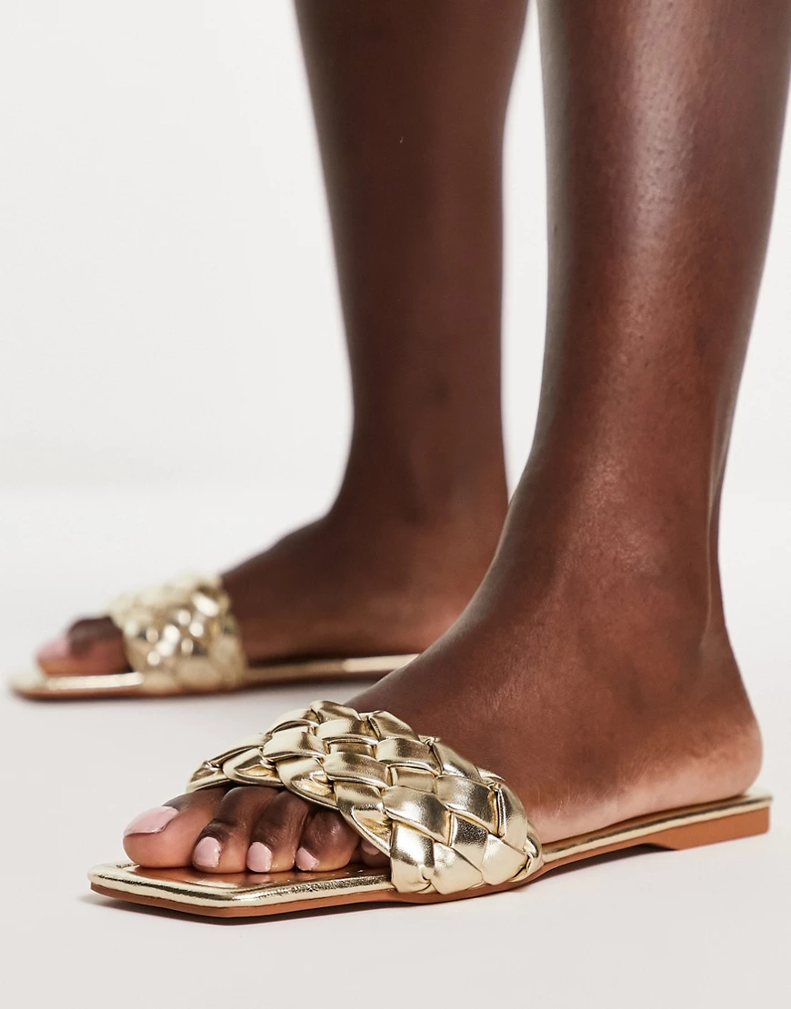 Truffle Collection square toe flat sliders in gold