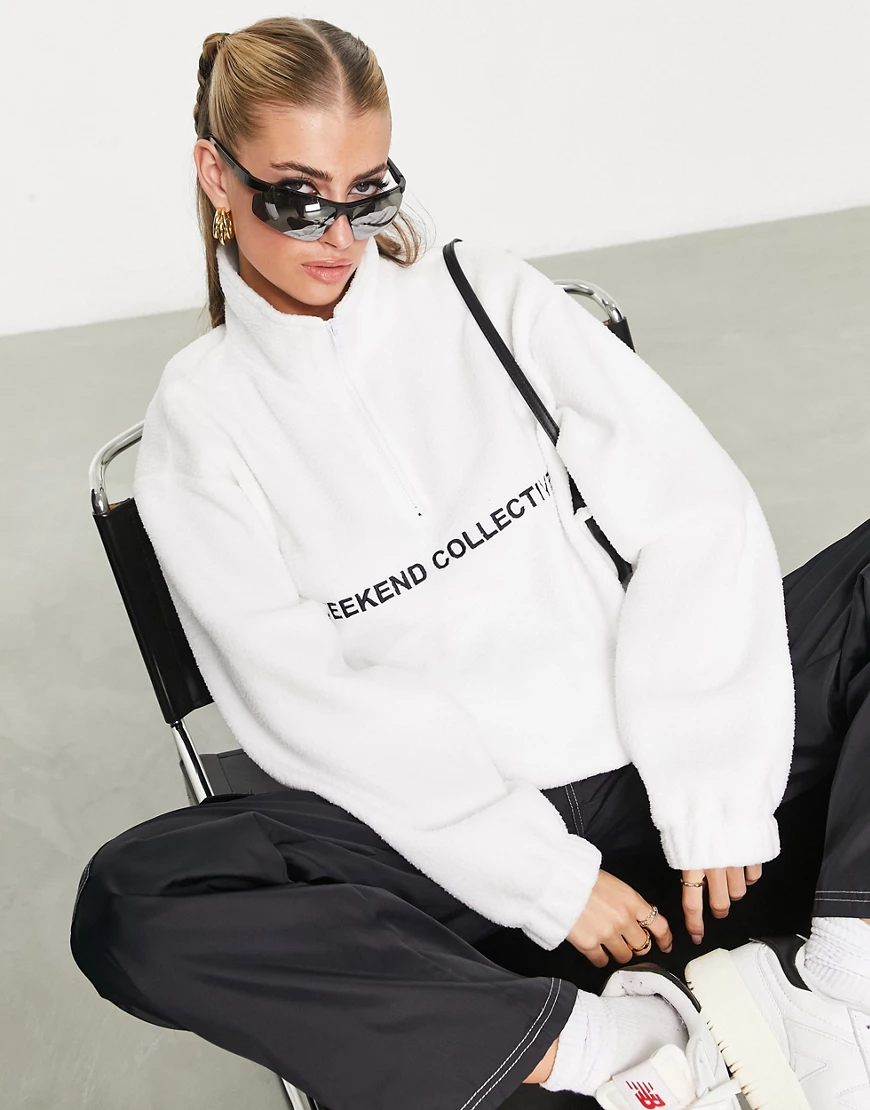 ASOS Weekend Collective half zip fleece with logo in white