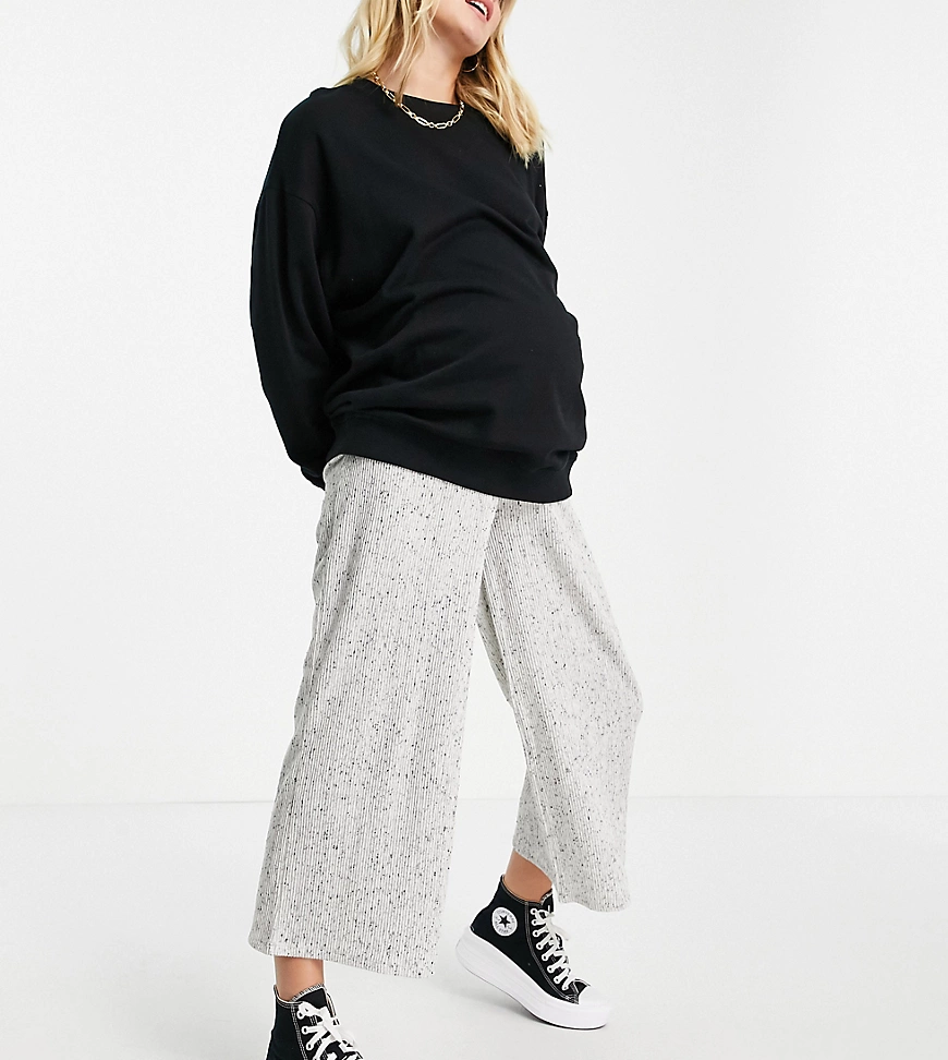 ASOS DESIGN Maternity over the bump culotte trouser in rib with tie waist in white marl