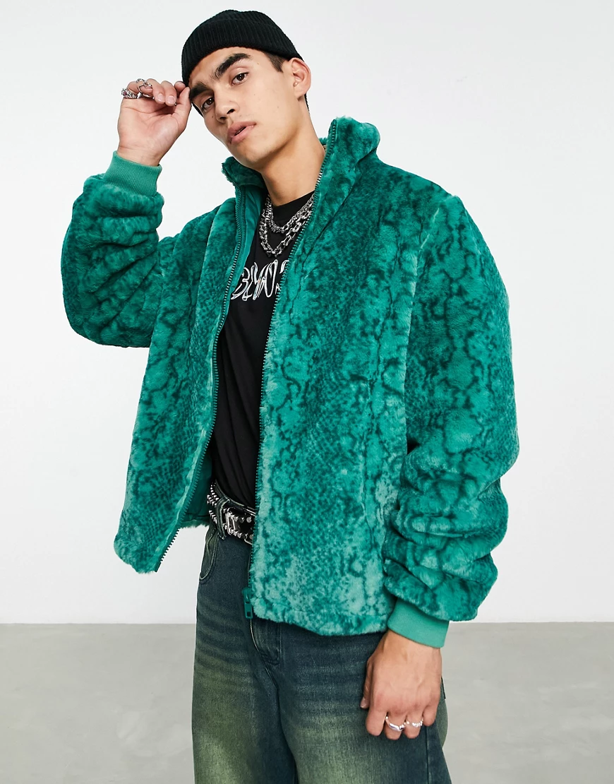 ASOS DESIGN faux fur bomber jacket in green snake print