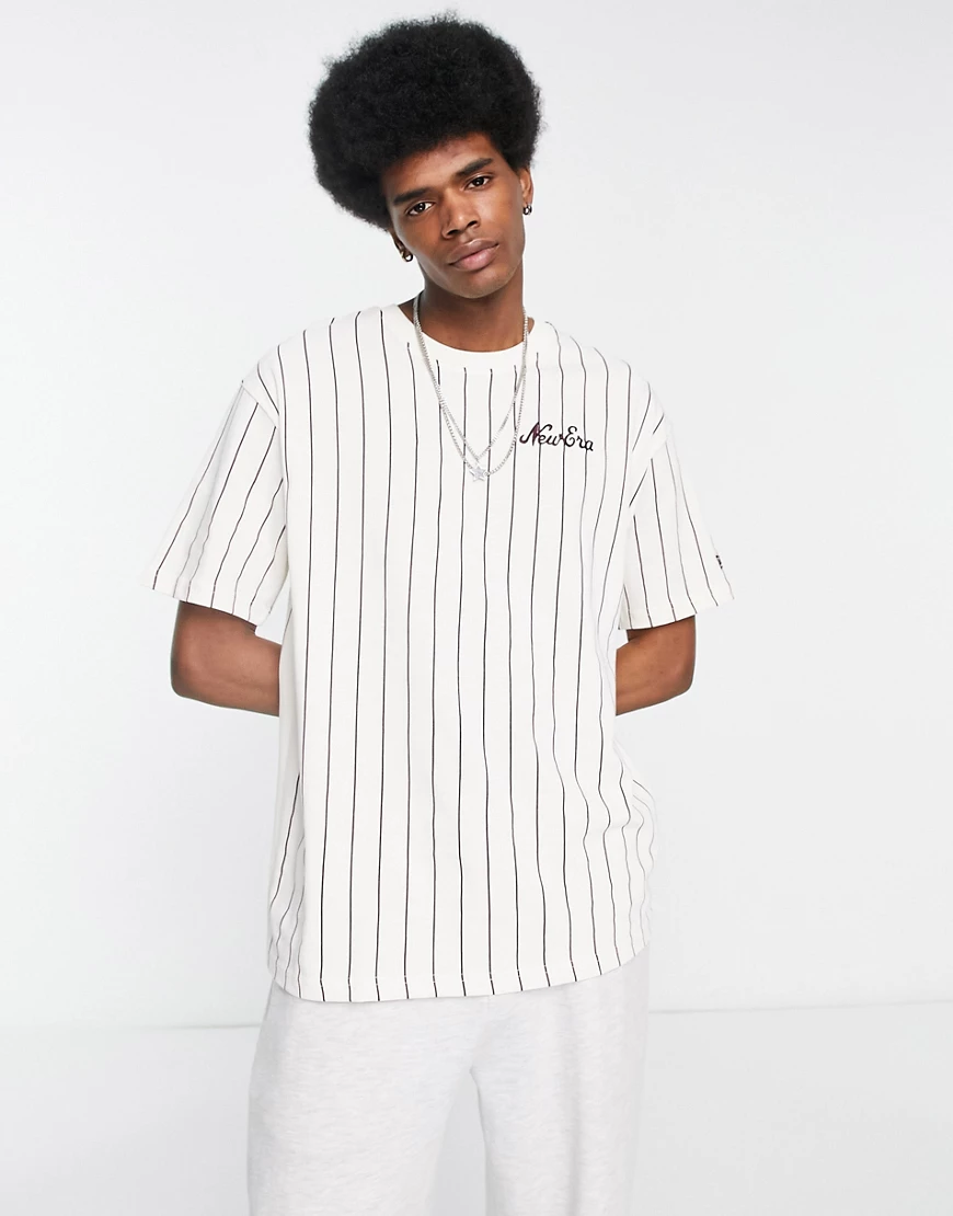 New Era heritage pinstripe t-shirt in off white