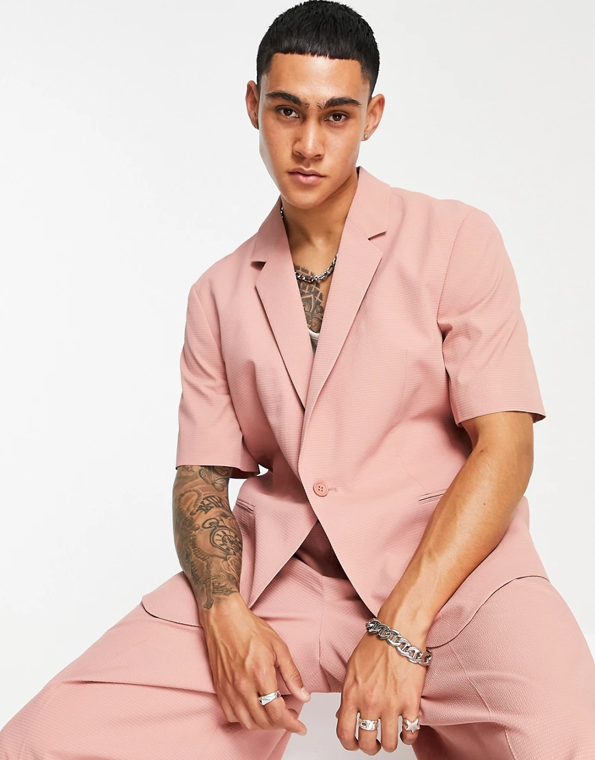 ASOS DESIGN slim micro seersucker suit jacket in pink-Green