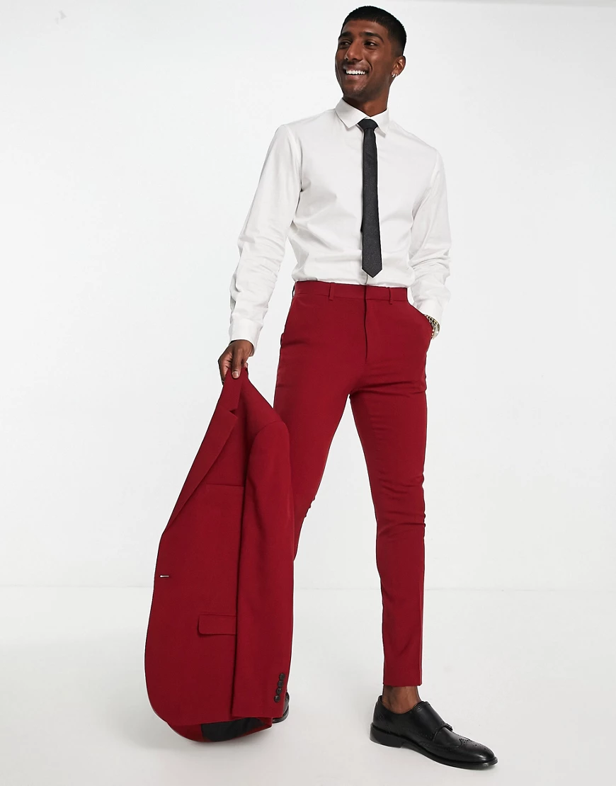 ASOS DESIGN super skinny suit trousers in burgundy-Red