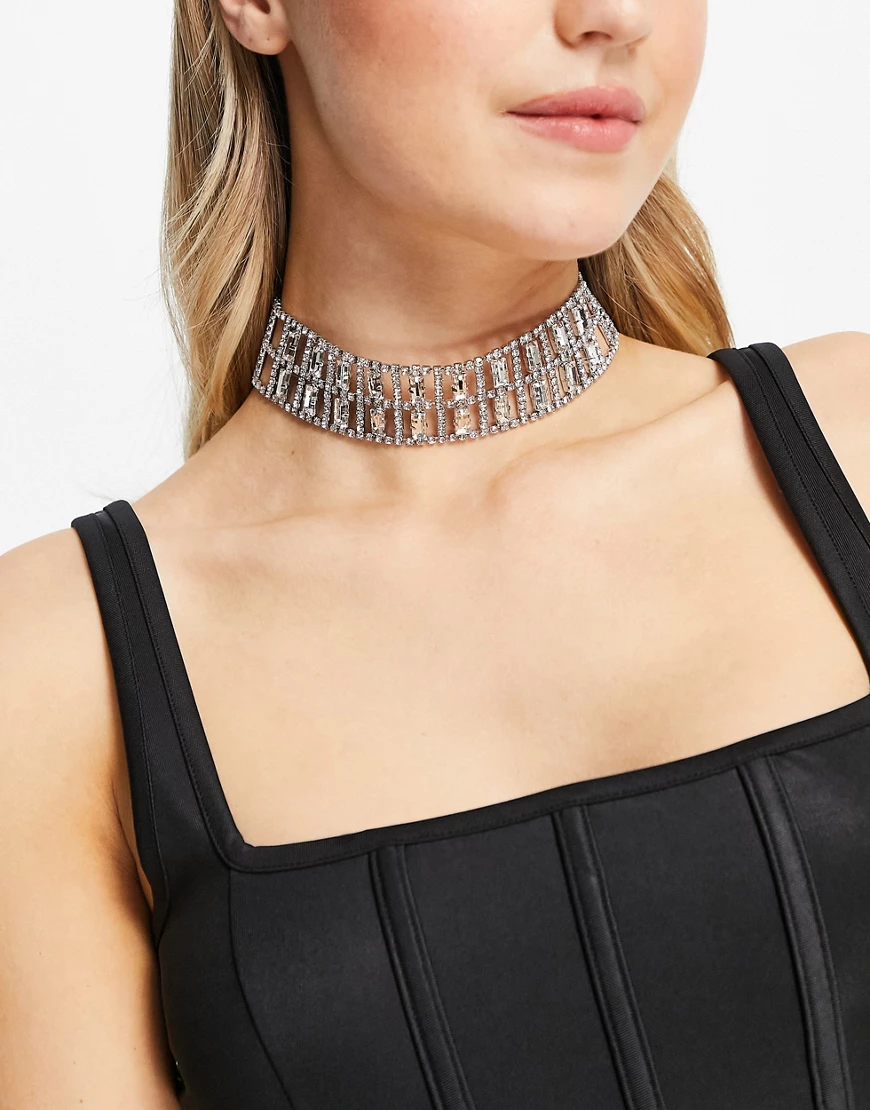 ASOS DESIGN choker necklace with baguette crystal design in silver tone