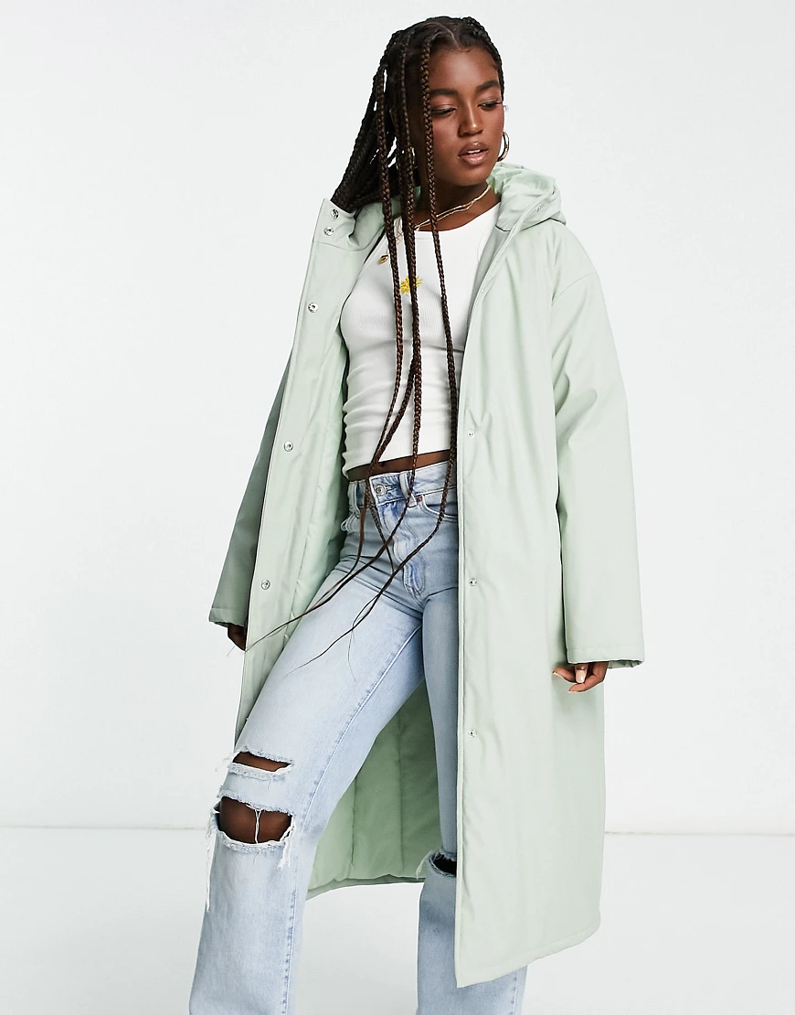 ASOS DESIGN heavyweight rubberised padded rain coat in sage-Green