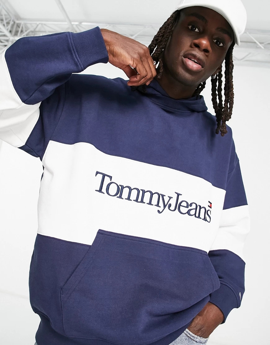 Tommy Jeans skater fit serif linear logo colourblock hoodie in navy