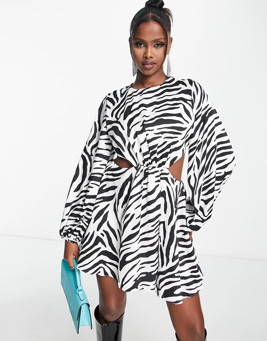 John Zack satin mini dress with cut out sides in zebra print-Multi