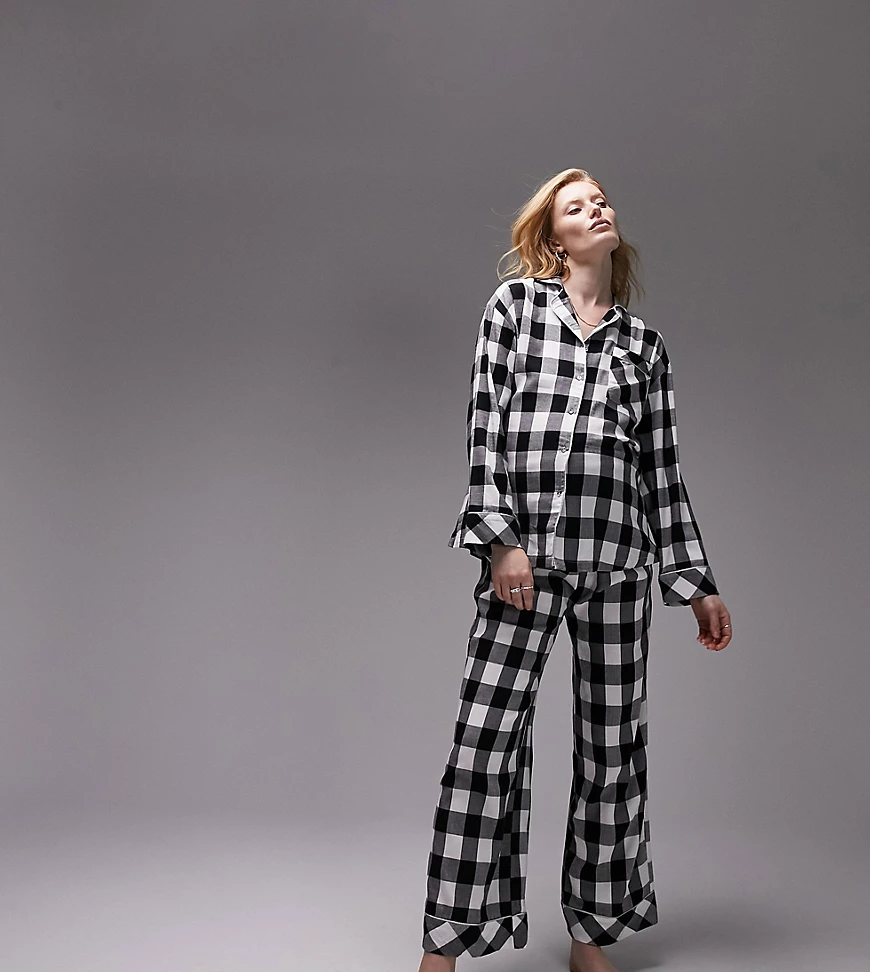 Topshop Maternity brushed check piped shirt and trouser pyjama set in monochrome-Multi