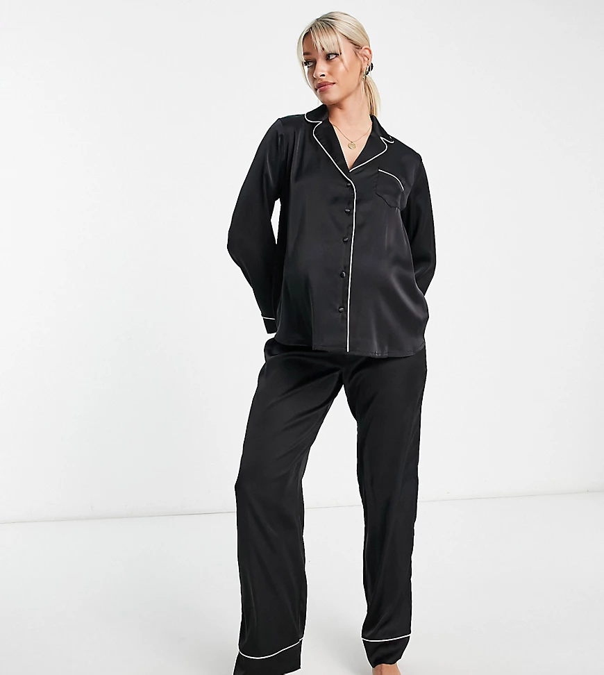 ASOS DESIGN Maternity satin long sleeve shirt & trouser pyjama set in black