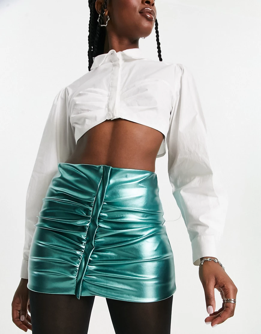 ASOS DESIGN faux leather metallic ruched mini skirt in green