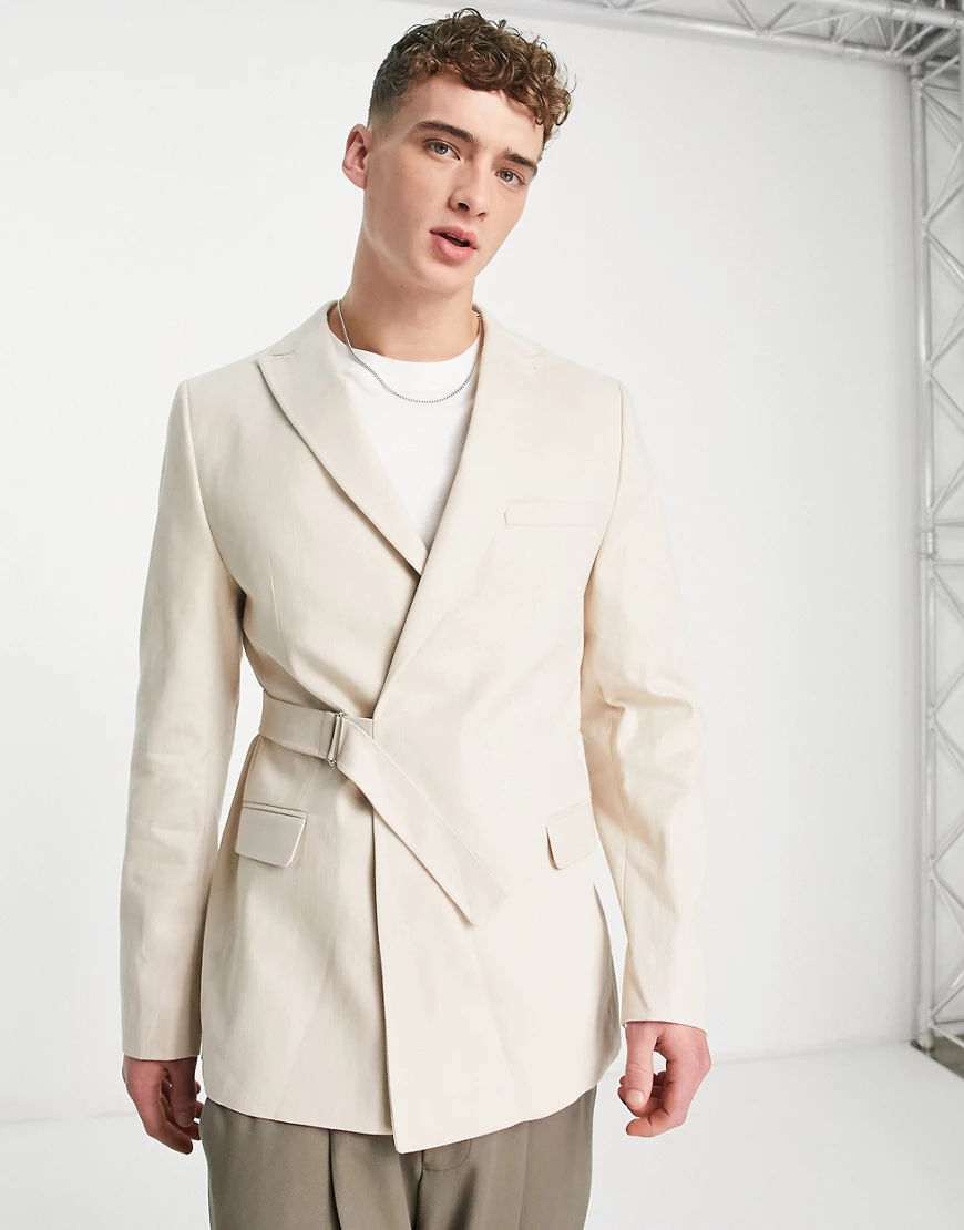 Bolongaro Trevor slim suit jacket with buckle in cream-Grey