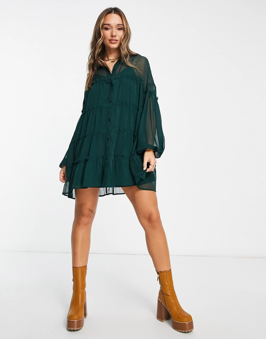 ASOS DESIGN tiered mini shirt dress in dark green