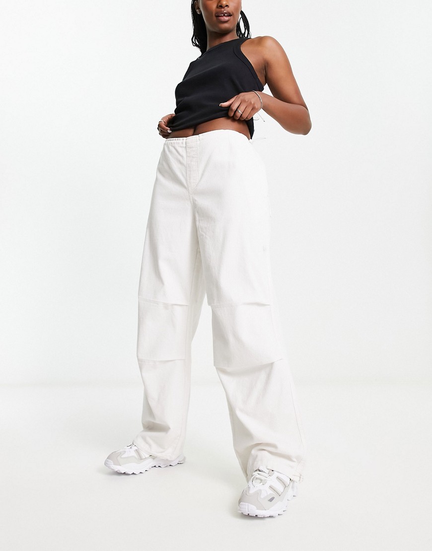 Stradivarius STR oversized baby cord parachute pant in ecru-White